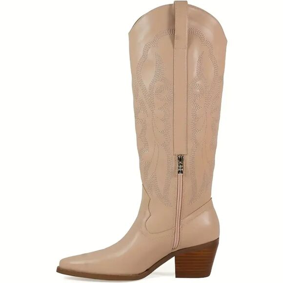 NIB Pale Pink-SZ 9 Cowboy Boots Knee-Embroidery Stacked Heel Zipper Closure - Picture 1 of 5